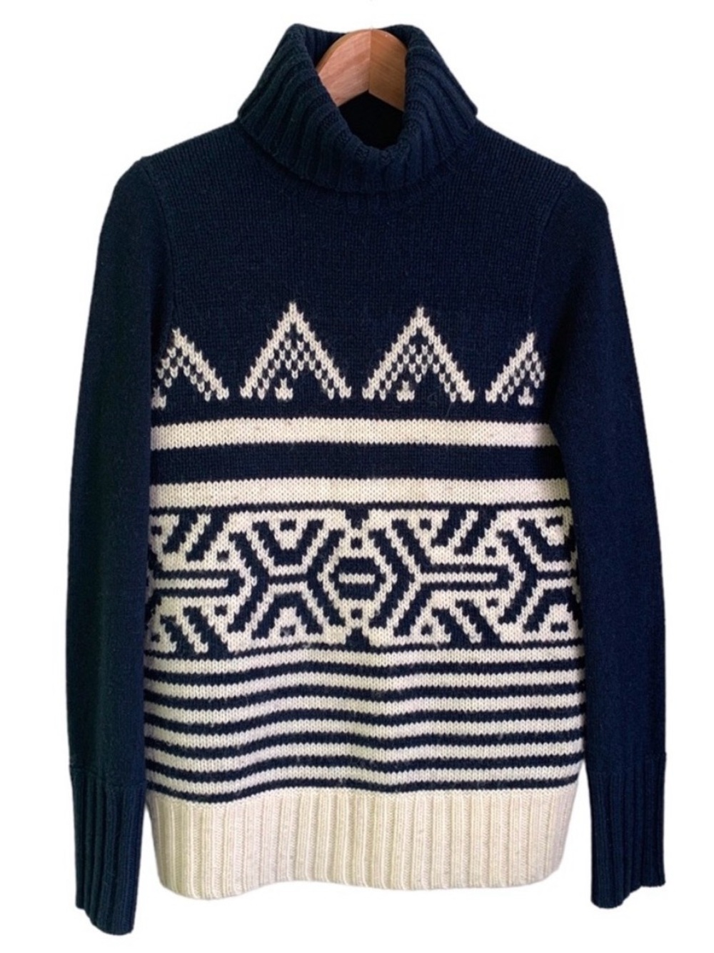 J. Crew Alpine Turtleneck Merino Wool Knit Sweater XL Navy Cream Nordic Ski Prep